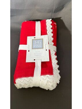 Set Of 8 Red Lace Trim Cotton Napkins By 34th & Pine